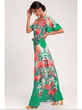 Lulus Green Floral Maxi Wrap Dress